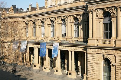 Stock exchange building with flags